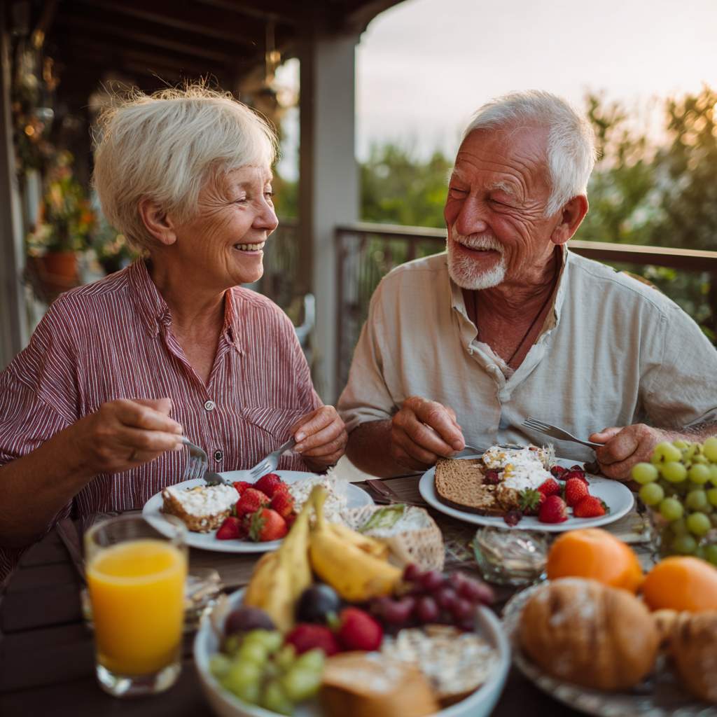 Smiling middle-aged Ukrainian woman preparing healthy traditional dishes in a modern kitchen with fresh vegetables and herbs