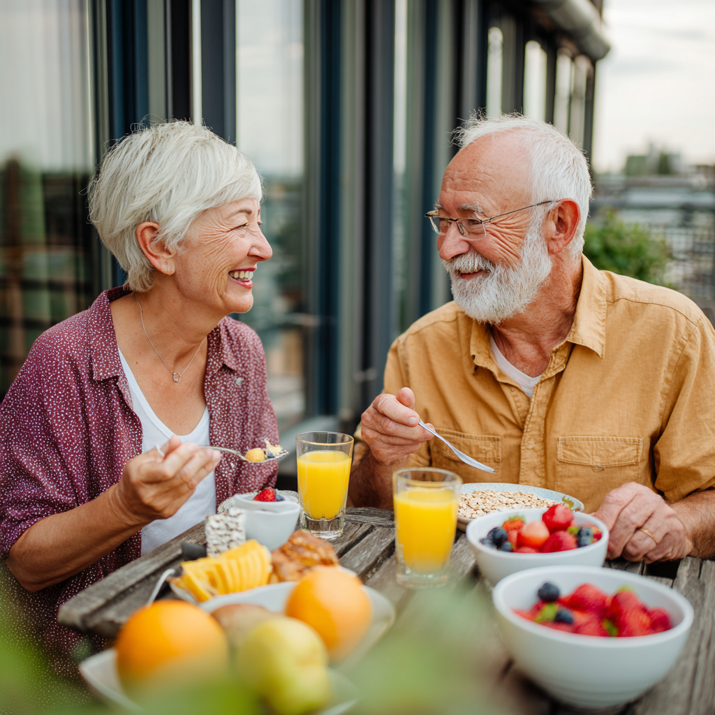 Happy elderly Ukrainian couple preparing fresh healthy meal together in their home kitchen with traditional utensils and seasonal produce